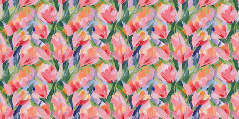 Wall Mural - an abstract painting pattern of tulips in a style reminiscent of fauvism or early modernism