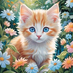  Kitten in a floral garden 