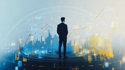 Abstract business man stands on the peak of success amid tall, innovative Smart city and graphs with statistics to analyze business potential and predict future developments in company growth.	