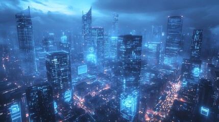 Poster - Futuristic cyberpunk city with glowing neon lights and skyscrapers, night scene.