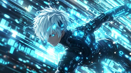 Futuristic Anime Cyborg Character in Neon Lights, Sci Fi Illustration