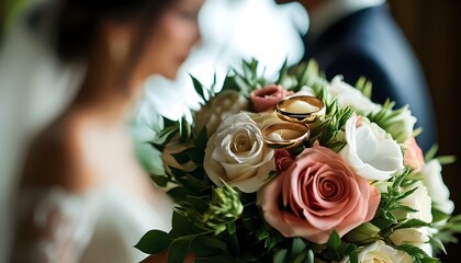 Charming wedding rings nestled in a bouquet, with a blurred bride and groom embodying the romantic spirit of a wedding celebration