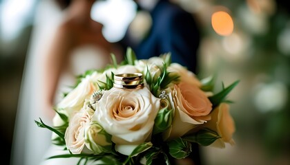 Charming wedding rings nestled in a bouquet, with a blurred bride and groom embodying the romantic spirit of a wedding celebration