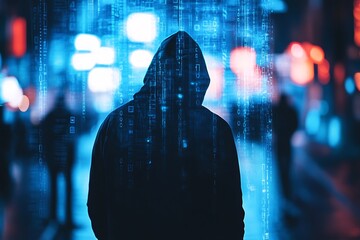 Poster - Mysterious Hacker Figure in Blue Neon Digital Code Rain