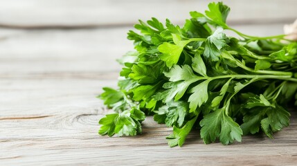 a bunch of fresh parsley leaves herb on a wooden surface