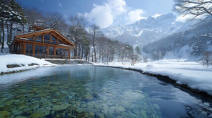 Wall Mural - Winter Cabin with Frozen Pond in Mountains