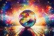 © ratatosk - Disco or mirror ball with rainbow on colorful dark background with lights and sparkles. Music and dance party background. Trendy party symbol. Abstract retro 80s and 90s concept