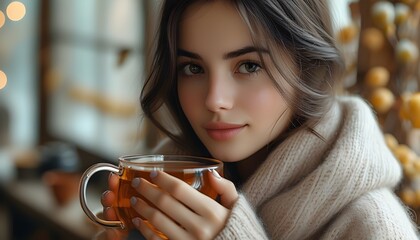 Charming girl savoring tea in a stylish studio backdrop