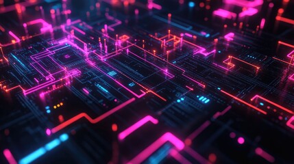 Dark black abstract technology background for computer graphics featuring circuits infographics and motion blur in vibrant neon pixels for digital and business use