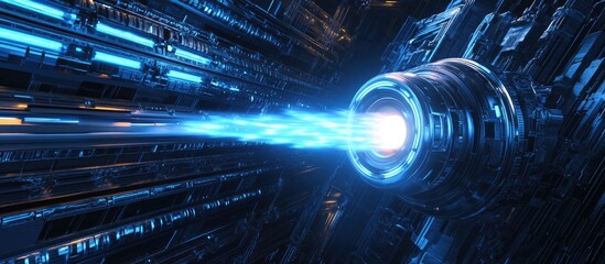Poster - Futuristic digital technology backdrop featuring a laser emanating from a metallic sci fi device 3D rendering