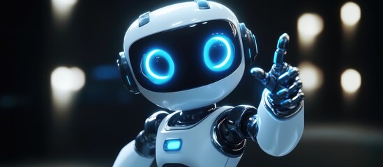 Poster - 3D rendering of an adorable AI robot with a cartoon style design playfully raising its hand