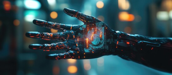 Poster - Cyborg hand with digital hologram showcasing 5G network technology against a blurred background in 3D rendering
