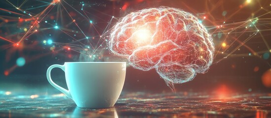 Poster - Double exposure of an illustrated brain connected to AI data set against a backdrop of a coffee cup