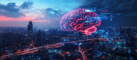 Aufkleber - Hologram of a brain overlaying a cityscape demonstrating the concept of AI in contemporary urban environments through multiple exposures