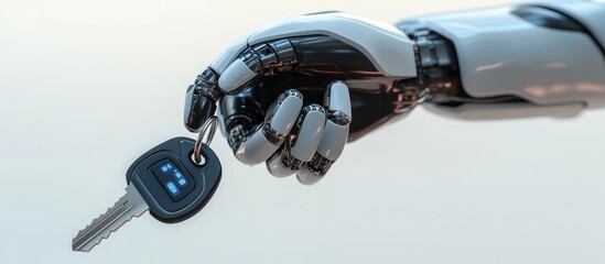 Poster - 3D illustration of car keys held by a robotic arm representing a futuristic autonomous vehicle concept isolated on a white background