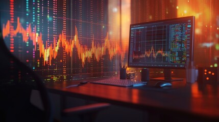 Poster - Stock market graph overlaying a desk with a personal computer Double exposure illustrating financial analysis concepts