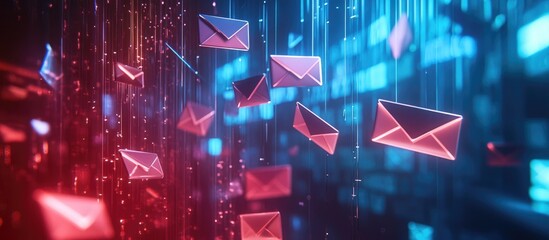 Poster - Desktop computer backdrop featuring a holographic illustration of flying envelopes Multilayered exposure Concept of electronic communication