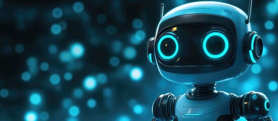 Poster - Adorable cartoon robot featuring a blue design showcasing a contemporary concept of artificial intelligence and chatbots