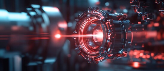 Futuristic digital background featuring a laser beam emanating from a metallic sci fi device 3D rendering