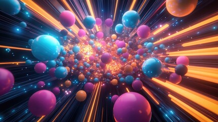 Poster - Vibrant geometric illustration featuring neon rays and an explosion of spheres