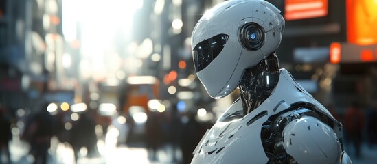 Aufkleber - Humanoid robot navigating a bustling urban environment showcasing advanced 3D animation and the concept of future automation