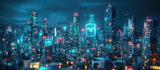 Poster - Night view of a city skyline featuring skyscrapers parks and gardens with a focus on decentralized economy themes including blockchain and cryptocurrency represented by holograms