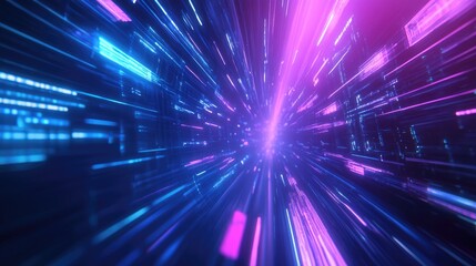 Poster - Abstract 3D illustration of digital technology featuring a blue and purple background that represents fast internet connectivity and innovative communication in a futuristic metaverse