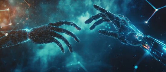 Aufkleber - Human and robot hands interacting over a vast data network symbolizing data exchange deep learning and advancements in science and artificial intelligence technology