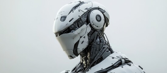 Poster - contemplative mechanical soldier depicted in a 3d illustration