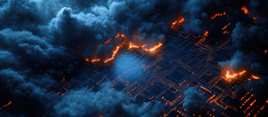 Aufkleber - Abstract technology background featuring a dark blue circuit board with clouds and smoke rising illustrating a tech or digital future concept