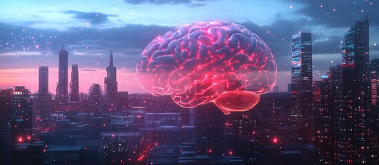 Aufkleber - Double exposure of a brain hologram illustration blended with an urban landscape symbolizing the concept of brainstorming and creativity