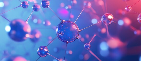 Poster - Futuristic 3D illustration of a cyber network system with a blue background showcasing atoms molecules and elements of AI technology and deep learning in cellular science