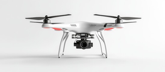 Quadcopter equipped with photography gear on a clean white backdrop