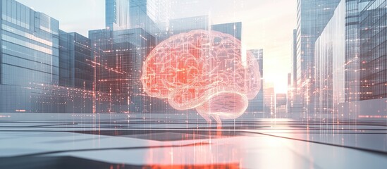 Aufkleber - Double exposure of a creative human brain microcircuit hologram overlaying modern office buildings Concept representing future technology and artificial intelligence