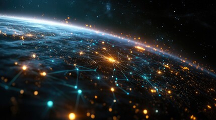 Poster - Green model of Earth featuring a network design at night Represents concepts of digital technology communication and travel 3D illustration with additional elements
