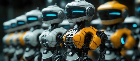 Poster - A lineup of robots featuring one distinct model that stands out presented in a 3D rendering