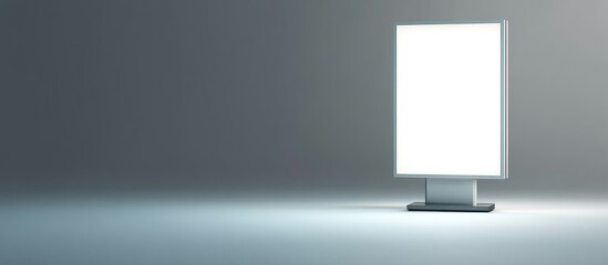 Poster - Minimalistic white metal advertising stand with a realistic appearance featuring a blank signboard in a light setting displayed through a 3D isometric front right perspective