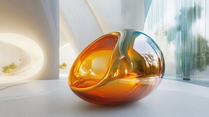 Poster - Abstract architectural interior featuring a smooth colored glass sculpture illustrated and rendered in 3D