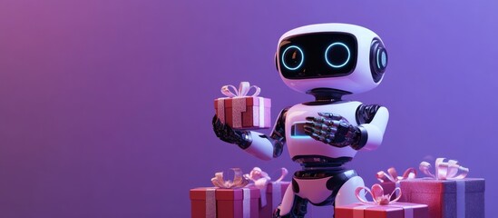 Poster - Charming robot with gifts on a purple background Concept of technology 3D rendering