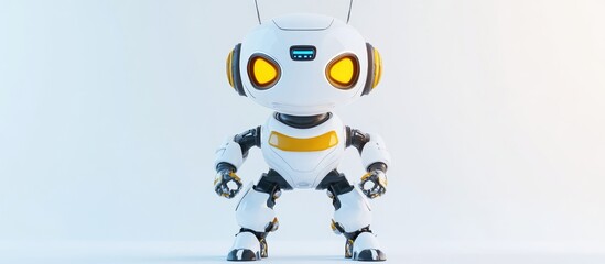 Poster - Miniature robot illustration on a white backdrop designed to add a playful touch to your creative projects featuring detailed 3D elements