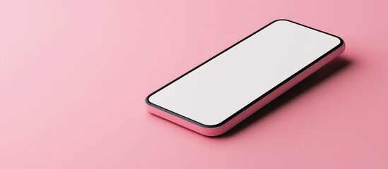 Poster - 3D rendering of a pink smartphone with a white screen positioned on a pink surface The phone is tilted and resting suitable for advertising purposes isolated against a pink backdrop