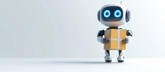 Poster - 3D illustration of a small robot carrying a package symbol on a white background