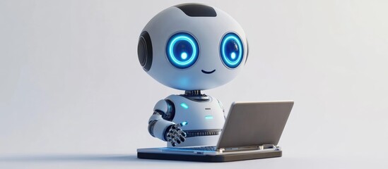 Poster - Office automation concept featuring a 3D rendered adorable robot interacting with a laptop set against a white background