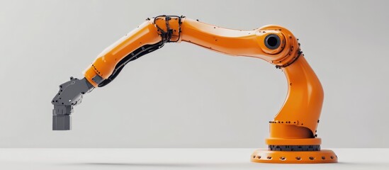Poster - 3D rendering of an orange robotic arm with a grey gripper set against a white background showcasing advanced technology in automation and industrial equipment