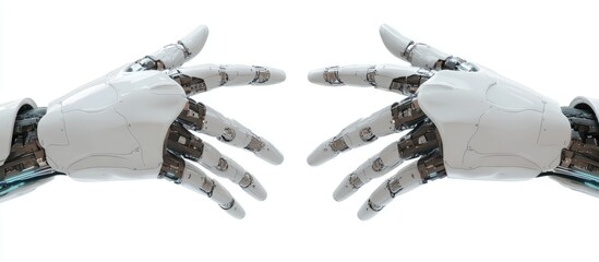Poster - Cyborg and robotic hands with palms facing up isolated on a white background illustrating concepts of reaching or presentation