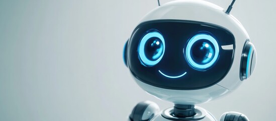 Poster - Adorable cartoon robot in 3D render Represents technology and customer support as a cheerful chatbot and assistant Features a smiling face displayed on the screen resembling a robotic toy