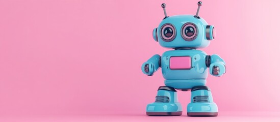 Poster - Futuristic cartoon toy robot in blue duotone set against a pink background featuring a 3D rendering