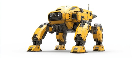 Poster - Yellow combat mech prepared for battle depicted in a rear view against a white background 3D illustration