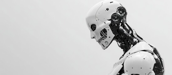 Poster - Highly detailed futuristic robot figure or humanoid cyborg with a metallic skull showcased from a side back view against a white background offering ample empty space for text 3D render