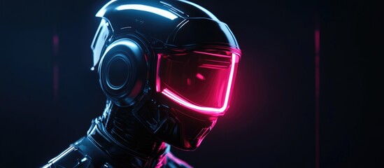 Poster - Portrait of a cybernetic figure wearing neon armor and a modern helmet with a visor Bionic robot in augmented reality showcasing a futuristic vision with a dystopian atmosphere 3D render